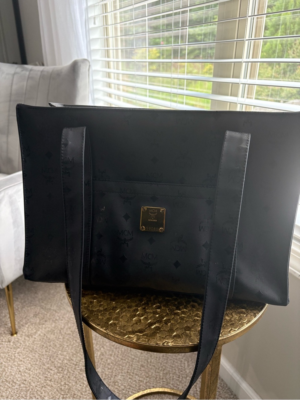 MCM Large Black Logo Tote with Gold Plaque